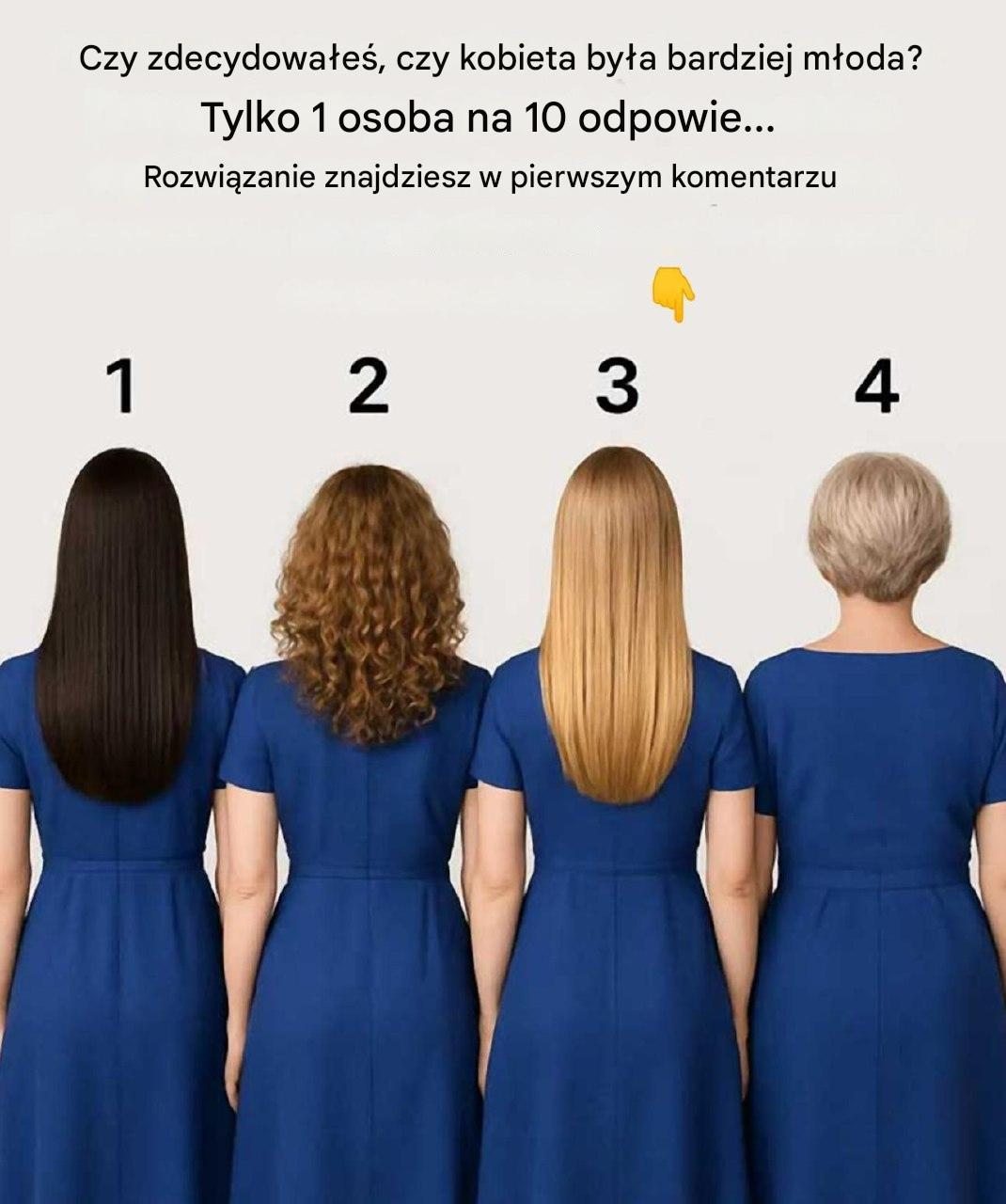 Cztery kobiety, cztery plecy odwrócone do góry, cztery bardzo różne fryzury… I tylko jedno pytanie: kto jest najmłodszy? Choć na pierwszy rzut oka może się to wydawać łatwe, uważaj na pozory. Ta wizualna zagadka, która stała się wirusowa w mediach społecznościowych, testuje Twoją zdolność do obserwacji najdrobniejszych szczegółów.