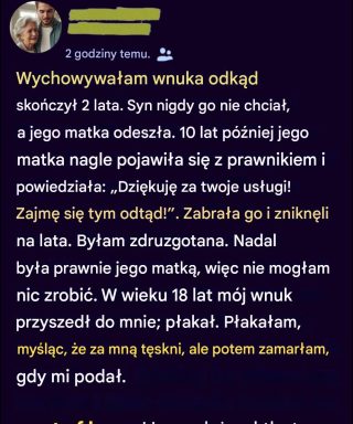 Zabrała mi wnuka, kiedy go wychowałam — lata później wrócił odmieniony